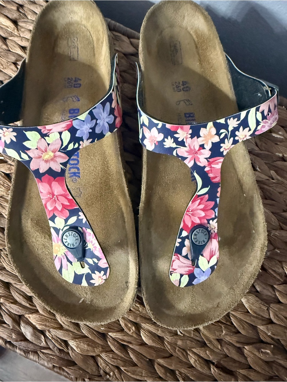 Birkenstock Navy Floral Gizeh Sandals - Pink & Purple Flower Print